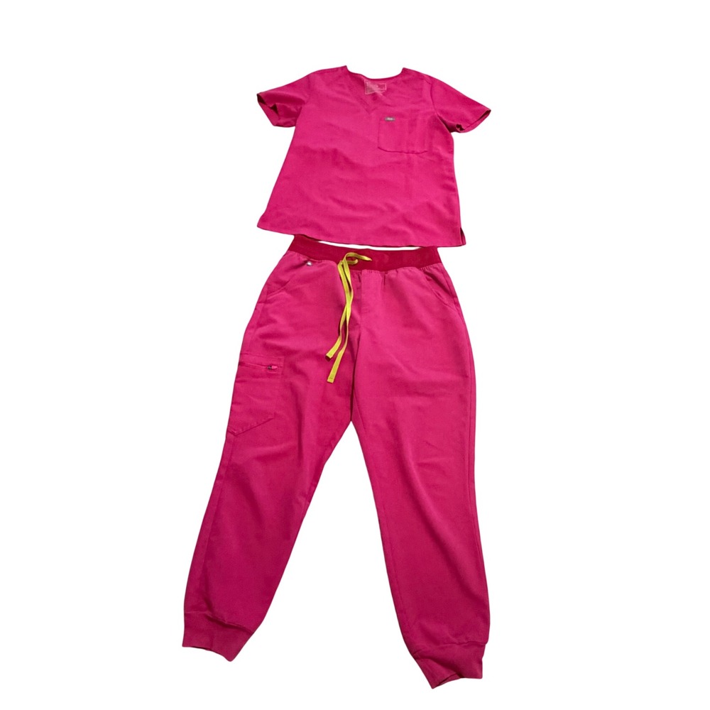FIGS "Shocking Pink" Scrub Set Catarina Top S Zamora Jogger Pants M Petite